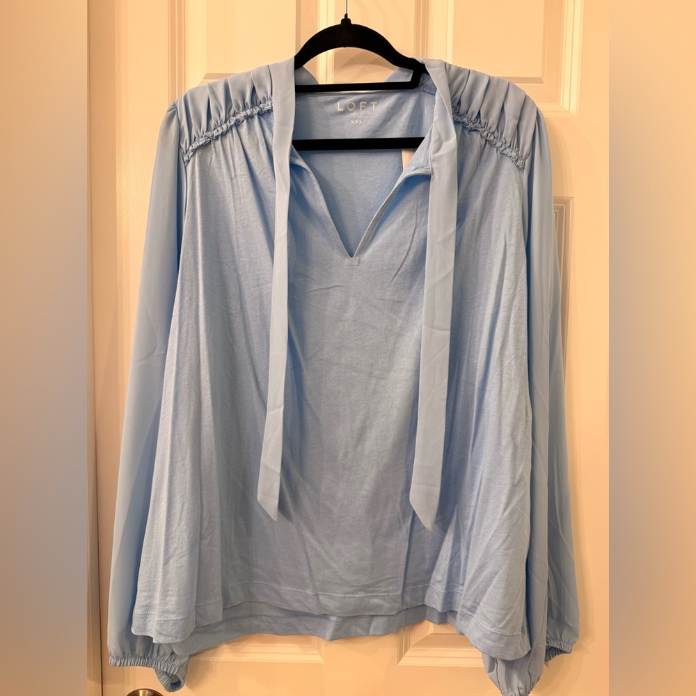 LOFT Pale Blue Tie-Neck Blouse